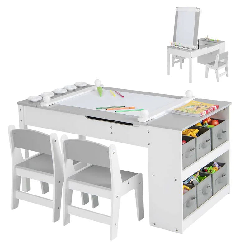 3 In 1 Wood Kids Art Table Amp Easel Set With 2 Chairs 6 Storage Bins Paper Roller Paint Cups Toddler Crafts Activity Table Chair Set - High Quality Set For Everyday Use