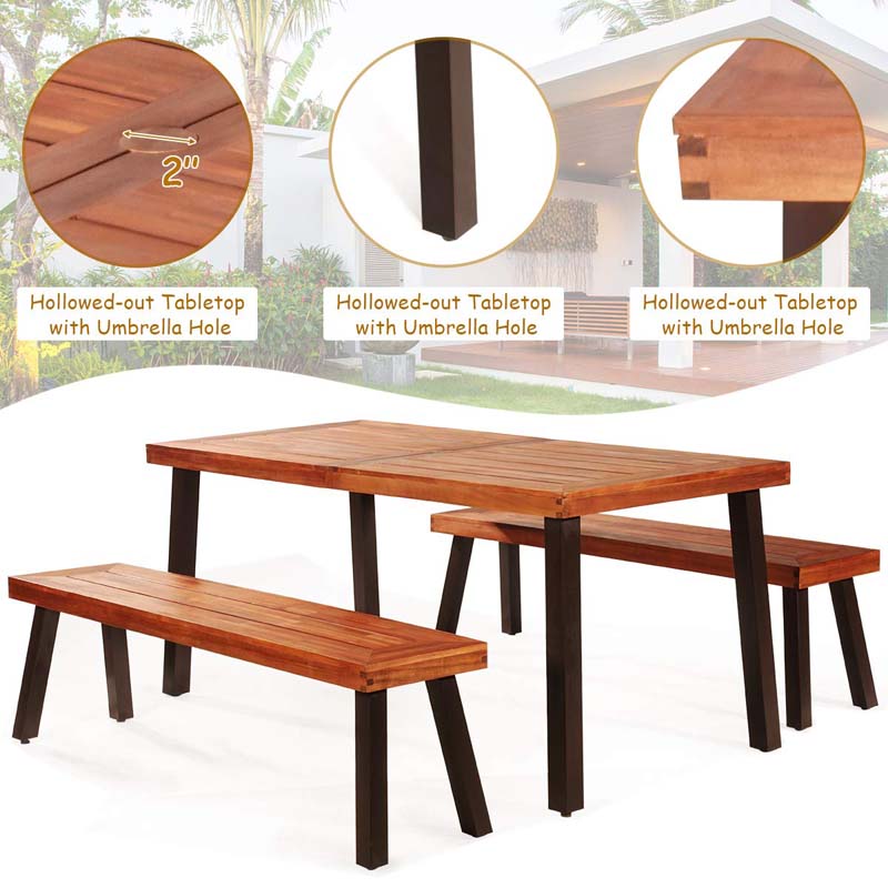 3 Pcs Rustic Acacia Wood Patio Dining Table Set With 2 Benches Outdoor Picnic Table Bench Set With Umbrella Hole - High Quality Set For Everyday Use