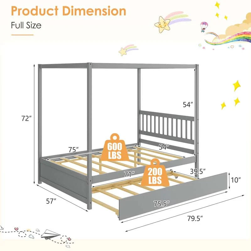 Full Size Canopy Bed With Trundle Solid Wood Platform Bed Frame With Headboard Full Bed For Kids Teens Adults