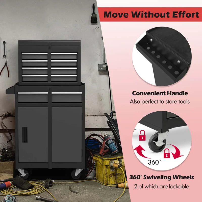 2 In 1 Rolling Tool Chest 5 Drawer Tool Storage Cabinet With Wheels Adjustable Shelf Tool Box Organizer For Garage Warehouse Workshop - Durable Tools For Home Projects