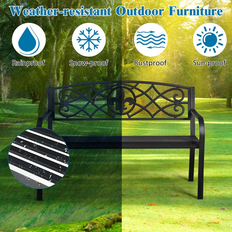 50Quot Weatherproof Outdoor Patio Bench With Pattern Backrest Heavy Duty Metal Park Bench For Garden Backyard Porch