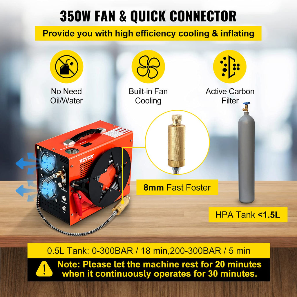 VEVOR PCP Air Compressor, Auto-stop Powered by DC 12V Car or Home AC 110V/220V, 4500Psi/30Mpa/300Bar w/Built-in Water/Oil Adapter &amp; Cooling Fan for Paintball, Scuba, Air Rifle