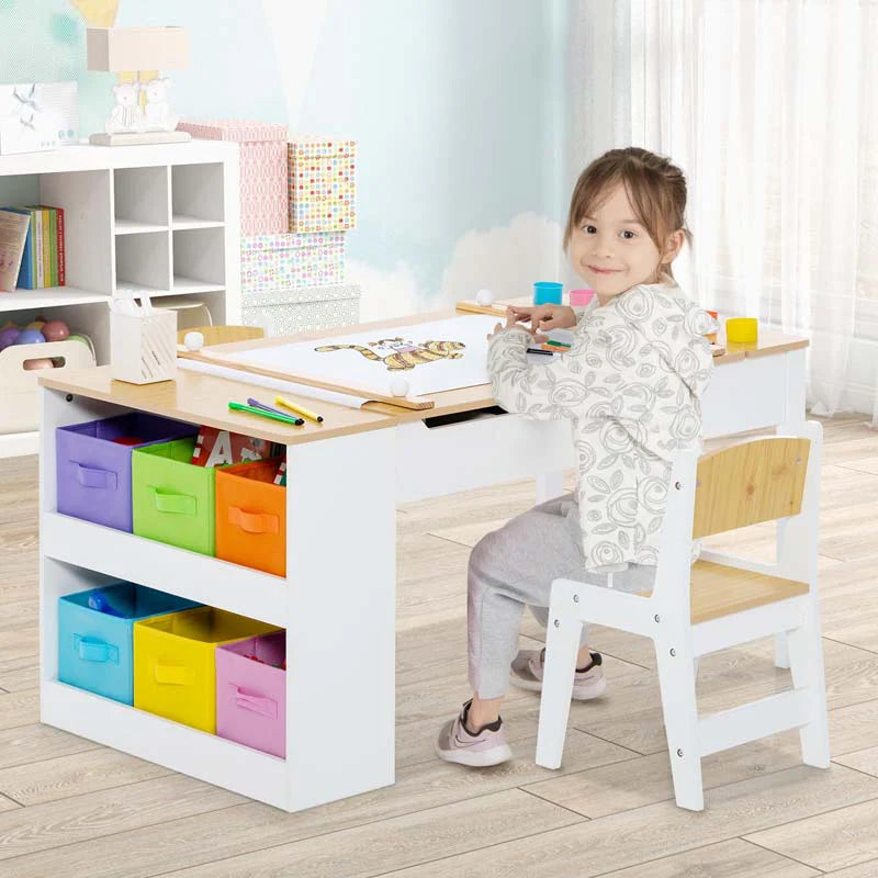 3 In 1 Wood Kids Art Table Amp Easel Set With 2 Chairs 6 Storage Bins Paper Roller Paint Cups Toddler Crafts Activity Table Chair Set - High Quality Set For Everyday Use