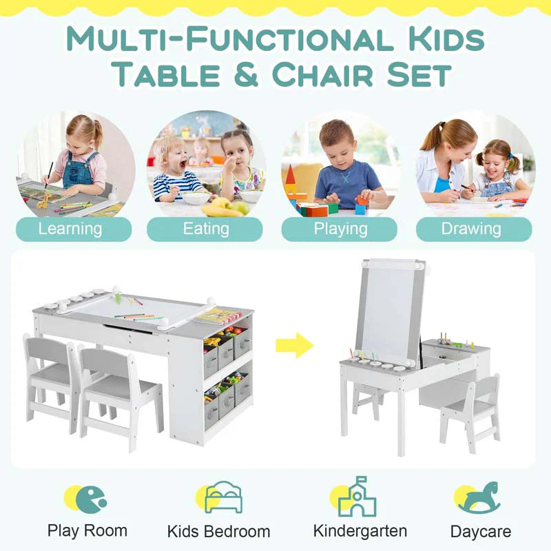 3 In 1 Wood Kids Art Table Amp Easel Set With 2 Chairs 6 Storage Bins Paper Roller Paint Cups Toddler Crafts Activity Table Chair Set - High Quality Set For Everyday Use