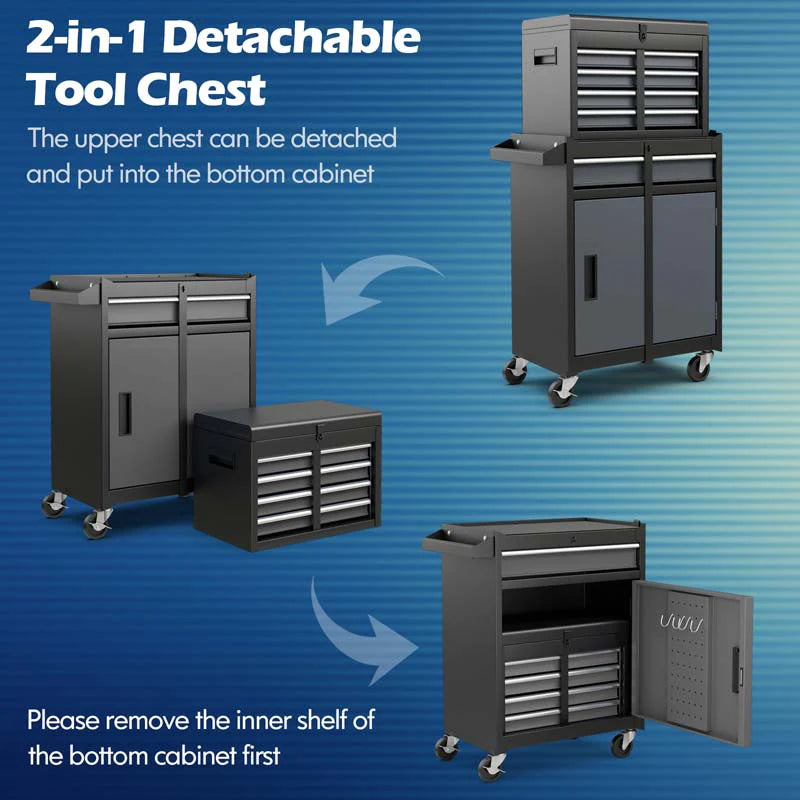 2 In 1 Rolling Tool Chest 5 Drawer Tool Storage Cabinet With Wheels Adjustable Shelf Tool Box Organizer For Garage Warehouse Workshop - Durable Tools For Home Projects