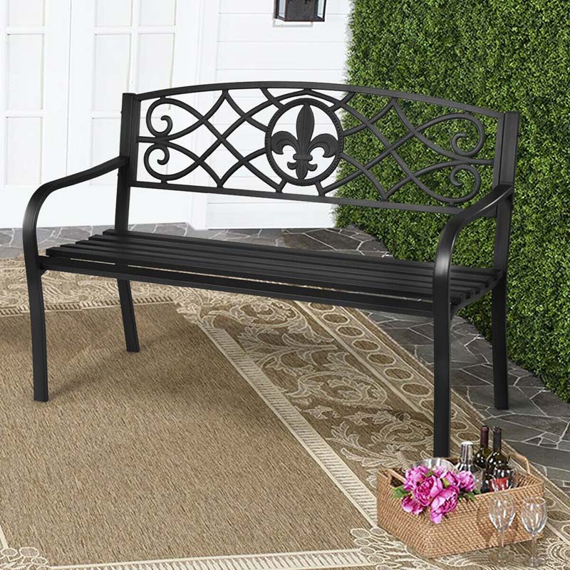 50Quot Weatherproof Outdoor Patio Bench With Pattern Backrest Heavy Duty Metal Park Bench For Garden Backyard Porch