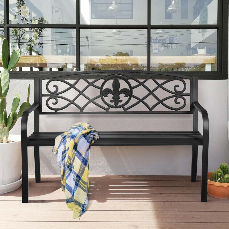 50Quot Weatherproof Outdoor Patio Bench With Pattern Backrest Heavy Duty Metal Park Bench For Garden Backyard Porch