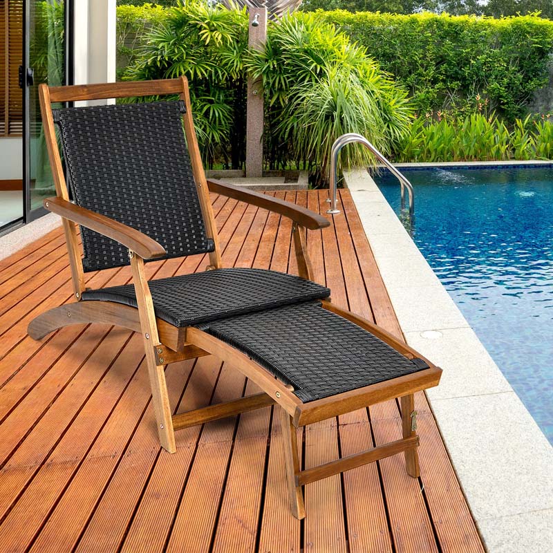 2 Pcs Acacia Wood Folding Chaise Lounge Chair Outdoor Foldable Deck Chair Portable Wicker Lounger With Retractable Footrest - Comfortable And Ergonomic Design