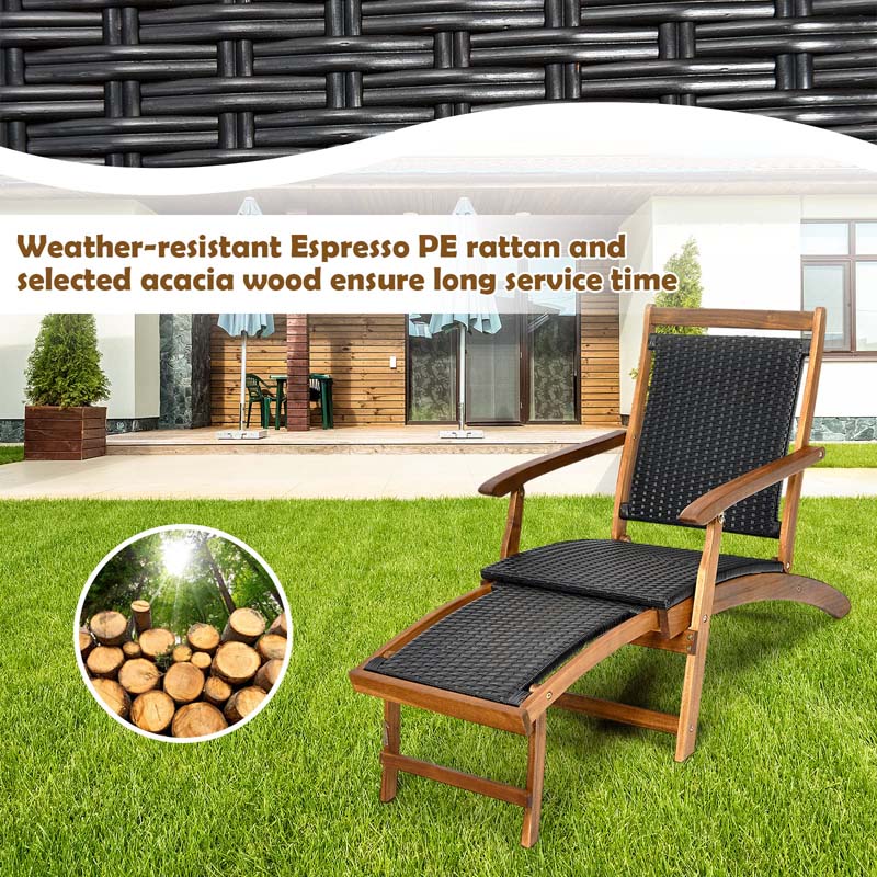 2 Pcs Acacia Wood Folding Chaise Lounge Chair Outdoor Foldable Deck Chair Portable Wicker Lounger With Retractable Footrest - Comfortable And Ergonomic Design