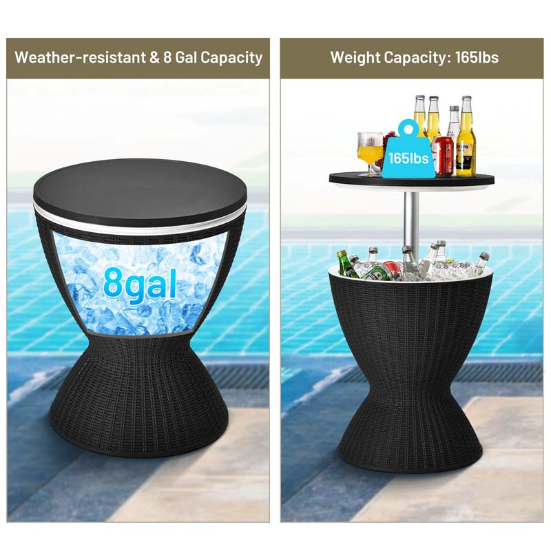 3 In 1 Rattan Outdoor Patio Bar Side Table With Ice Bucket 8 Gallon Ice Cooler Wine Cocktail Table For Deck Pool Party