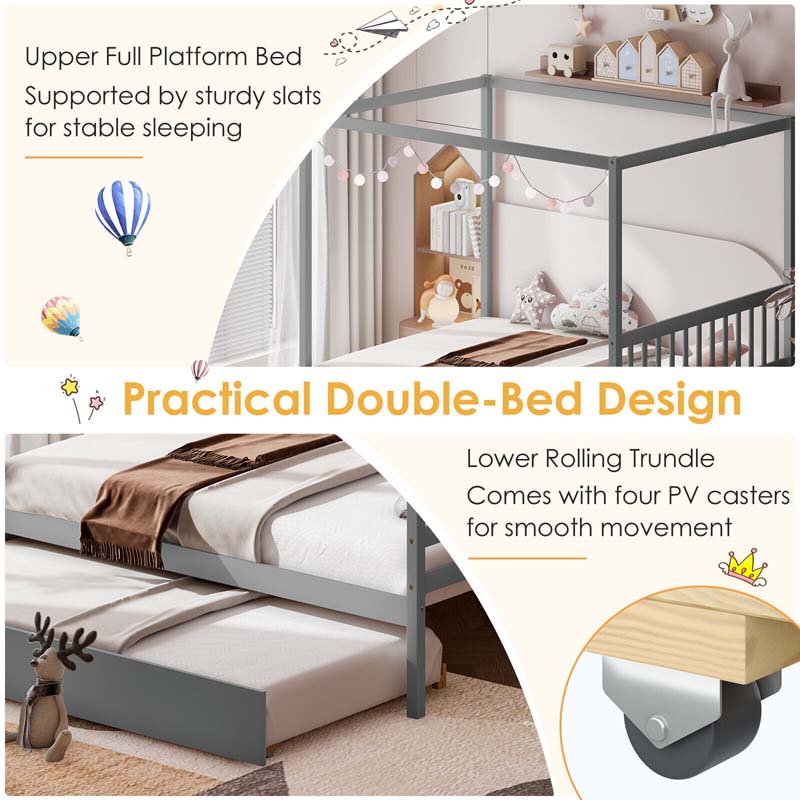 Full Size Canopy Bed With Trundle Solid Wood Platform Bed Frame With Headboard Full Bed For Kids Teens Adults