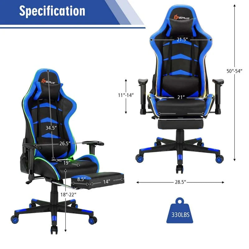 Led Massage Gaming Chair Height Adjustable Racing Computer Office Chair With Footrest Ergonomic High Back Pu Swivel Game Chair - Comfortable And Ergonomic Design