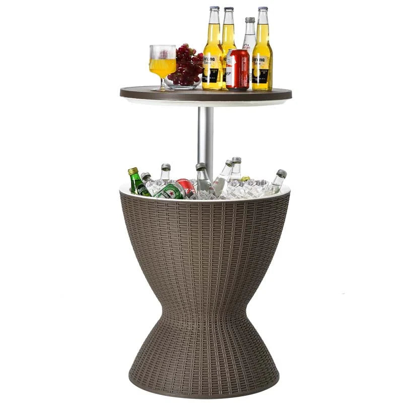3 In 1 Rattan Outdoor Patio Bar Side Table With Ice Bucket 8 Gallon Ice Cooler Wine Cocktail Table For Deck Pool Party