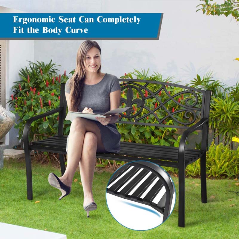 50Quot Weatherproof Outdoor Patio Bench With Pattern Backrest Heavy Duty Metal Park Bench For Garden Backyard Porch