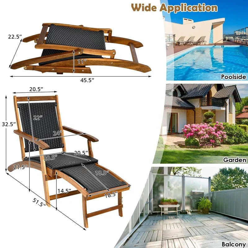 2 Pcs Acacia Wood Folding Chaise Lounge Chair Outdoor Foldable Deck Chair Portable Wicker Lounger With Retractable Footrest - Comfortable And Ergonomic Design