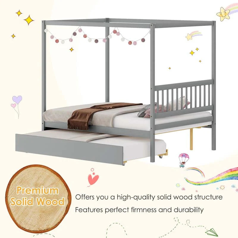 Full Size Canopy Bed With Trundle Solid Wood Platform Bed Frame With Headboard Full Bed For Kids Teens Adults