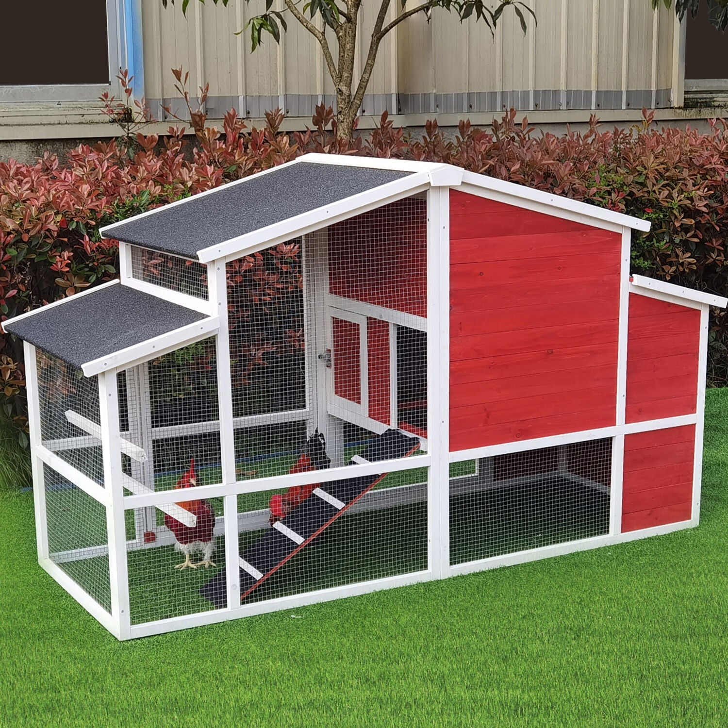 Hanover Outdoor Elevated Wooden Chicken Coop with Ramp, Wire Mesh Run, Waterproof Roof, Removable Tray, and External Door- HANCC0105-RED