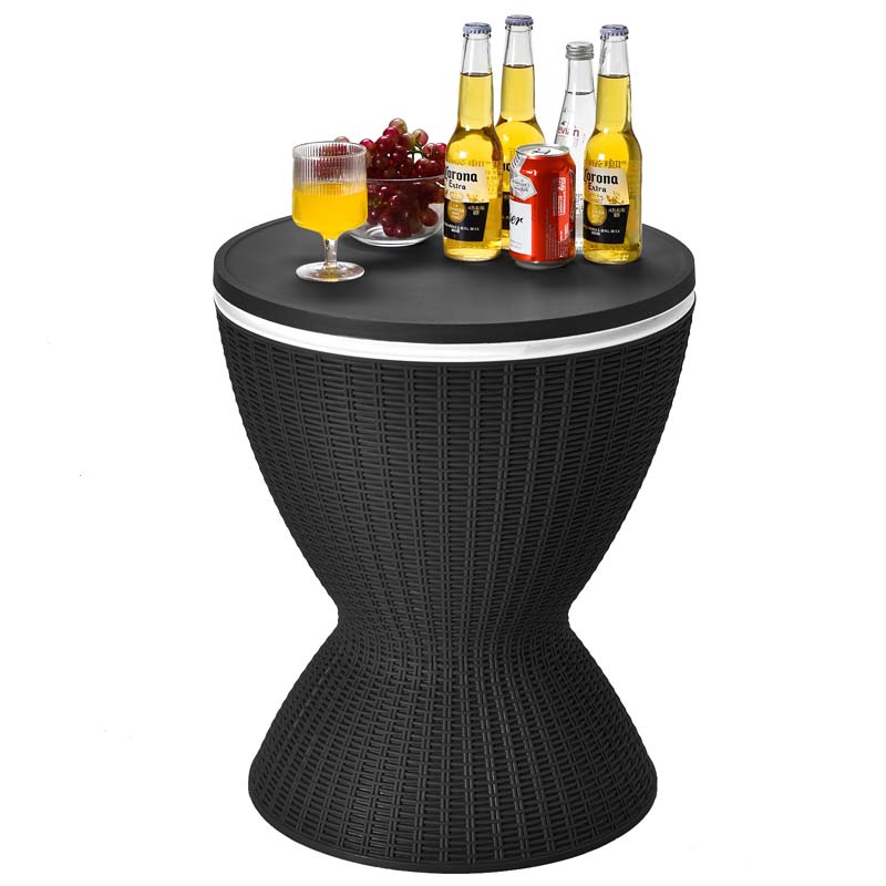 3 In 1 Rattan Outdoor Patio Bar Side Table With Ice Bucket 8 Gallon Ice Cooler Wine Cocktail Table For Deck Pool Party