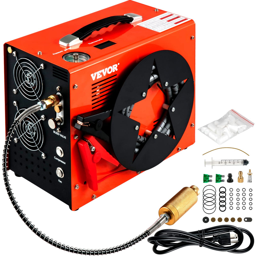 VEVOR PCP Air Compressor, Auto-stop Powered by DC 12V Car or Home AC 110V/220V, 4500Psi/30Mpa/300Bar w/Built-in Water/Oil Adapter &amp; Cooling Fan for Paintball, Scuba, Air Rifle