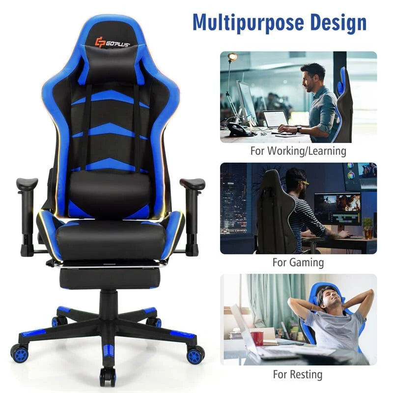 Led Massage Gaming Chair Height Adjustable Racing Computer Office Chair With Footrest Ergonomic High Back Pu Swivel Game Chair - Comfortable And Ergonomic Design