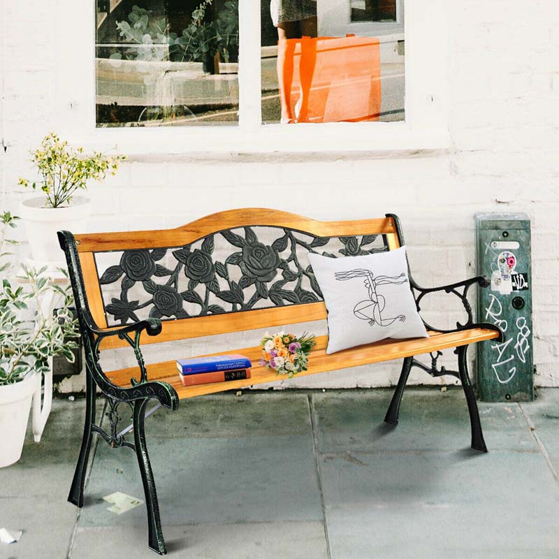 50Quot Garden Park Bench Cast Iron Amp Hardwood Weatherproof Outdoor Bench Patio Porch Loveseat Chair - Comfortable And Ergonomic Design