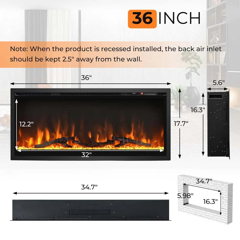 360390394203903950Quot Wide Electric Fireplace Recessedwall Mountedfreestanding 750W1500W Linear Fireplace Heater Insert With 9 Flame Color