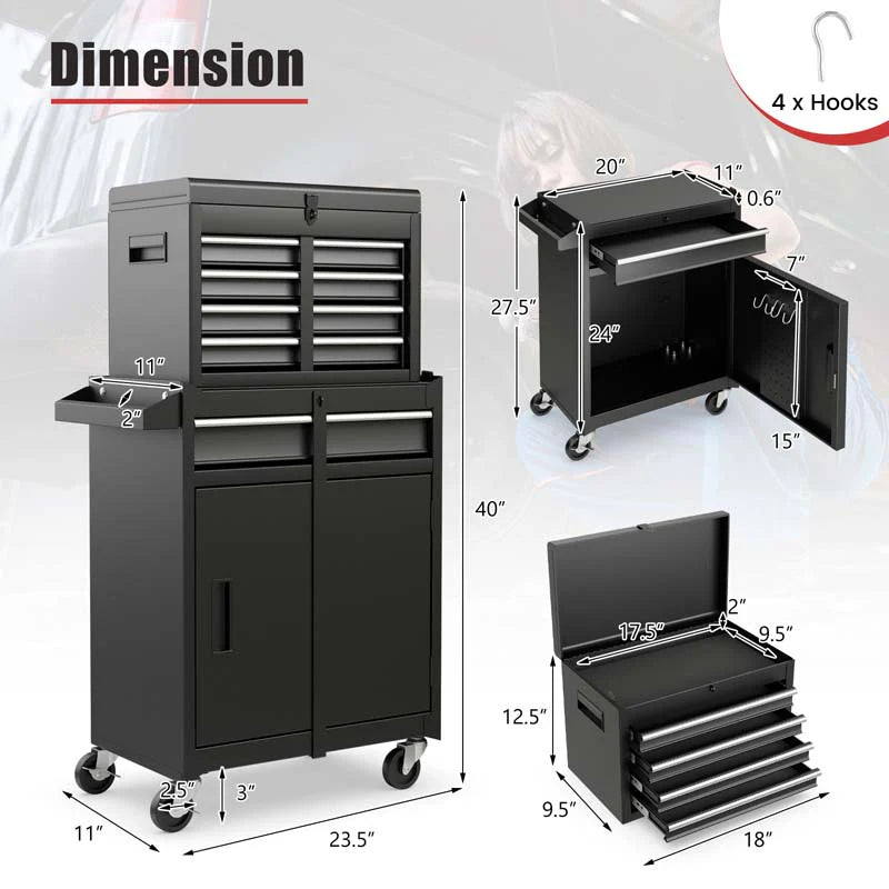 2 In 1 Rolling Tool Chest 5 Drawer Tool Storage Cabinet With Wheels Adjustable Shelf Tool Box Organizer For Garage Warehouse Workshop - Durable Tools For Home Projects
