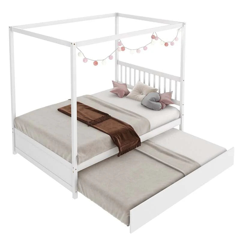 Full Size Canopy Bed With Trundle Solid Wood Platform Bed Frame With Headboard Full Bed For Kids Teens Adults
