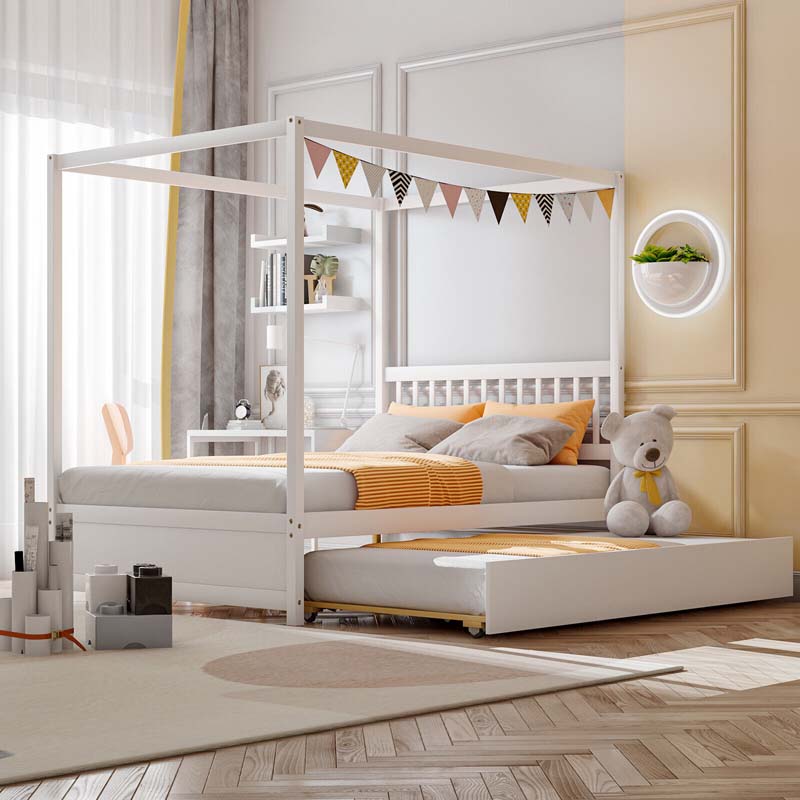 Full Size Canopy Bed With Trundle Solid Wood Platform Bed Frame With Headboard Full Bed For Kids Teens Adults