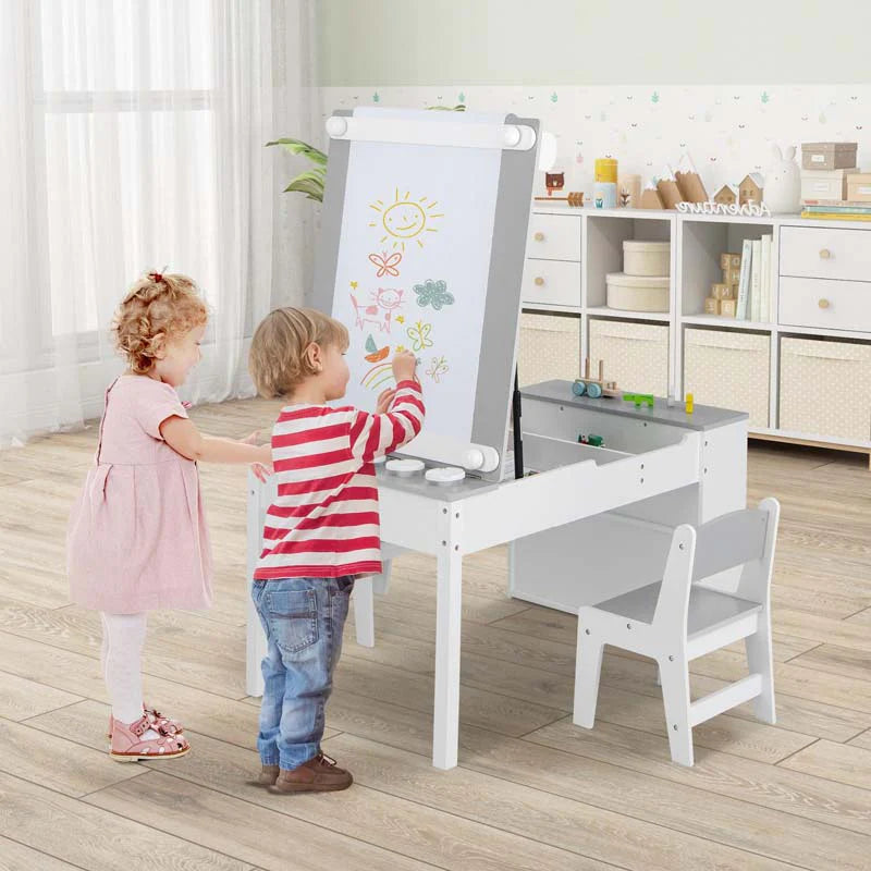 3 In 1 Wood Kids Art Table Amp Easel Set With 2 Chairs 6 Storage Bins Paper Roller Paint Cups Toddler Crafts Activity Table Chair Set - High Quality Set For Everyday Use