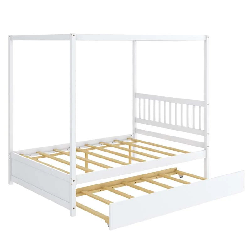 Full Size Canopy Bed With Trundle Solid Wood Platform Bed Frame With Headboard Full Bed For Kids Teens Adults