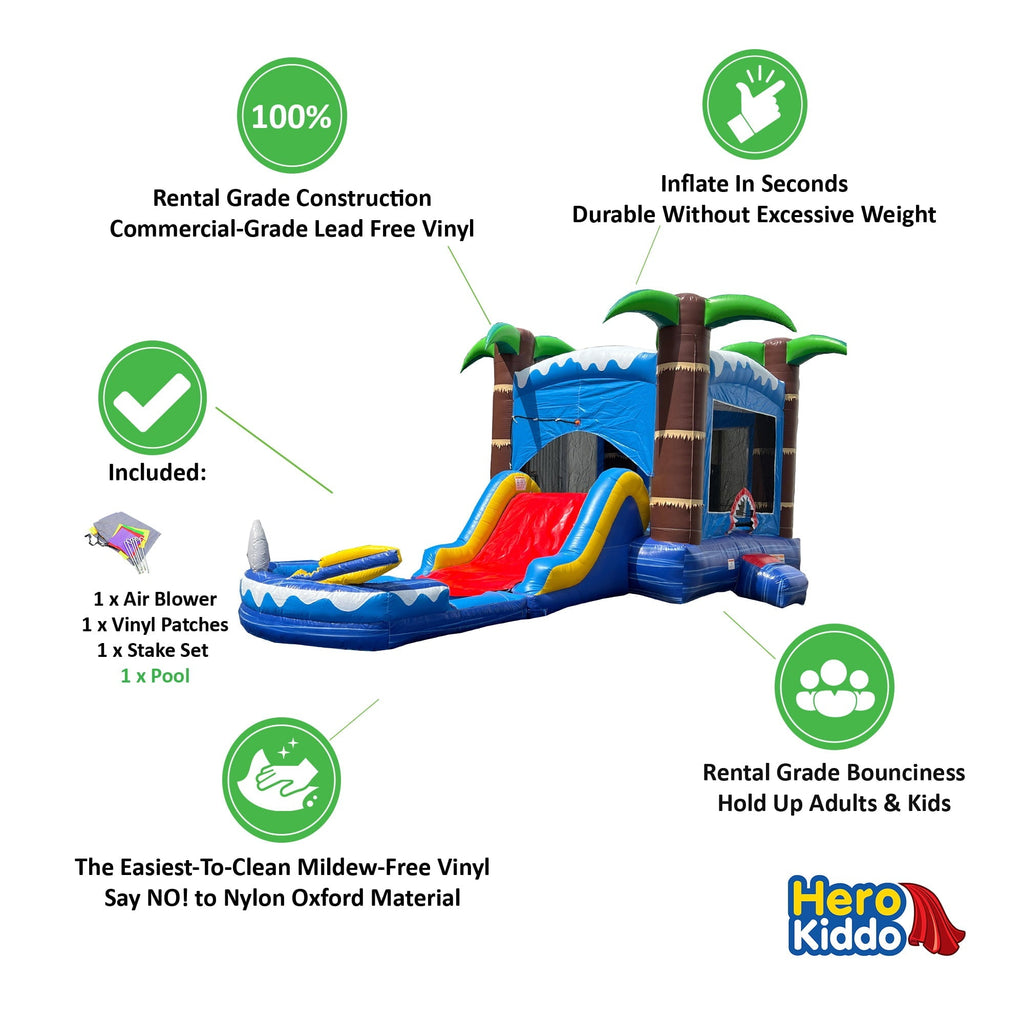 HeroKiddo Ocean Shark Inflatable Bounce House Water Slide Combo for Kids and Adults (with Splash Pool and Blower), Commercial Grade, Backyard Water Park, Wet Dry Use