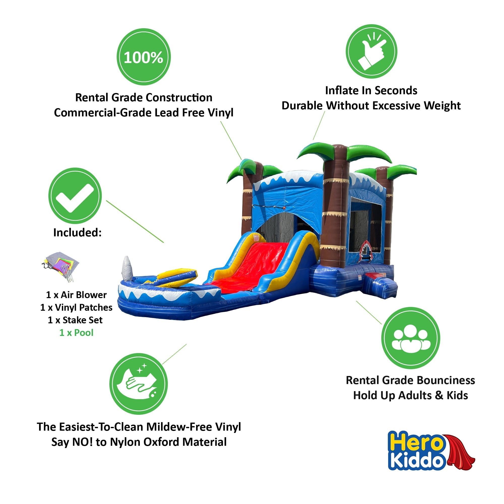 HeroKiddo Ocean Shark Inflatable Bounce House Water Slide Combo for Kids and Adults (with Splash Pool and Blower), Commercial Grade, Backyard Water Park, Wet Dry Use