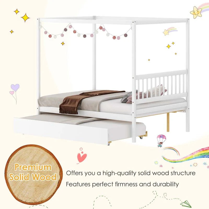 Full Size Canopy Bed With Trundle Solid Wood Platform Bed Frame With Headboard Full Bed For Kids Teens Adults