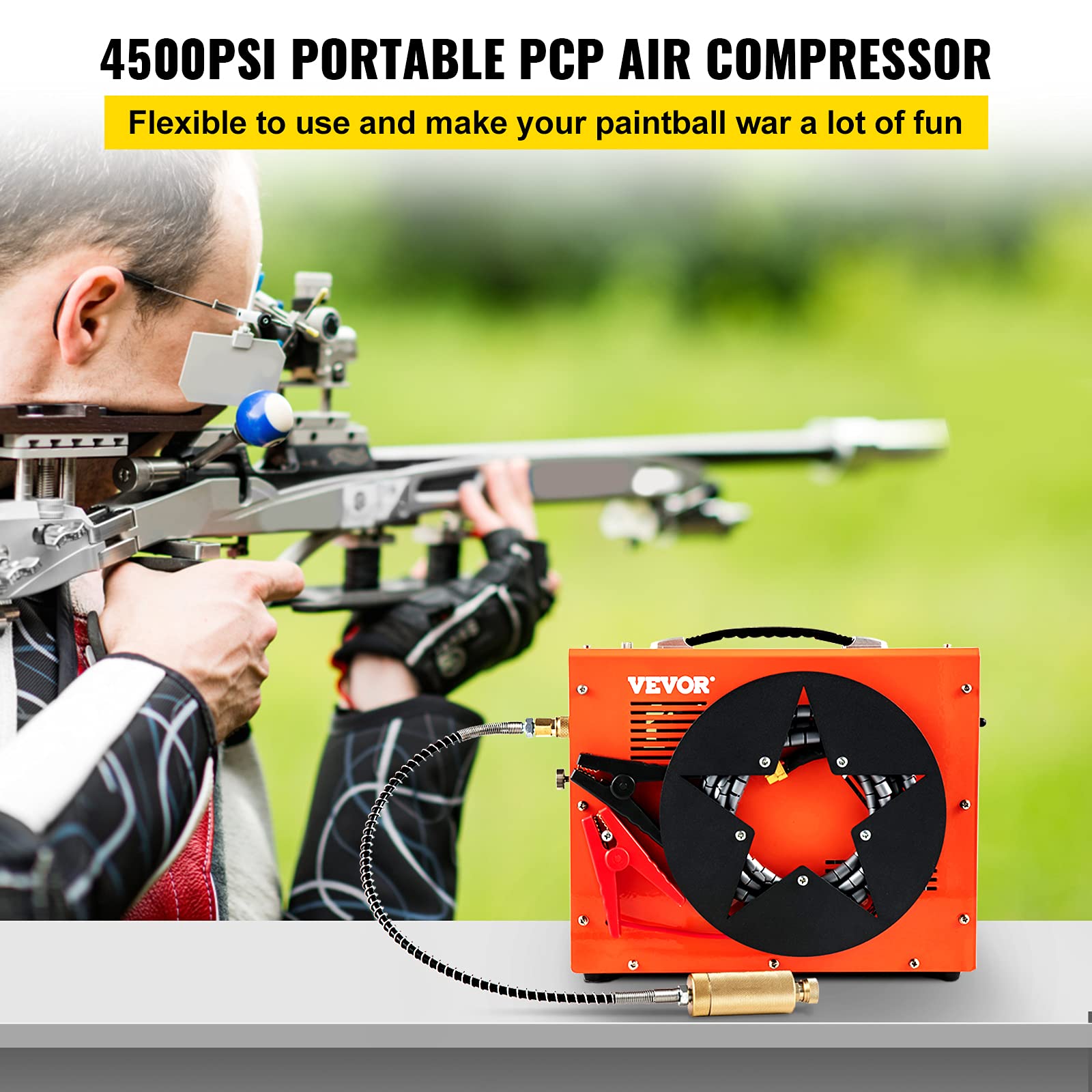 VEVOR PCP Air Compressor, Auto-stop Powered by DC 12V Car or Home AC 110V/220V, 4500Psi/30Mpa/300Bar w/Built-in Water/Oil Adapter &amp; Cooling Fan for Paintball, Scuba, Air Rifle