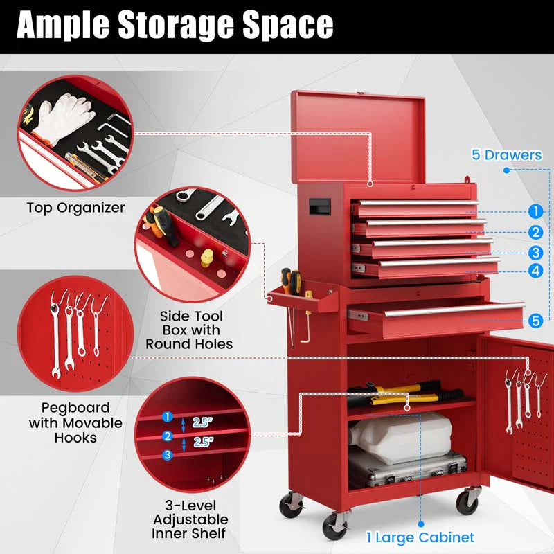 2 In 1 Rolling Tool Chest 5 Drawer Tool Storage Cabinet With Wheels Adjustable Shelf Tool Box Organizer For Garage Warehouse Workshop - Durable Tools For Home Projects