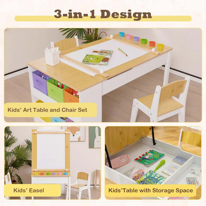 3 In 1 Wood Kids Art Table Amp Easel Set With 2 Chairs 6 Storage Bins Paper Roller Paint Cups Toddler Crafts Activity Table Chair Set - High Quality Set For Everyday Use