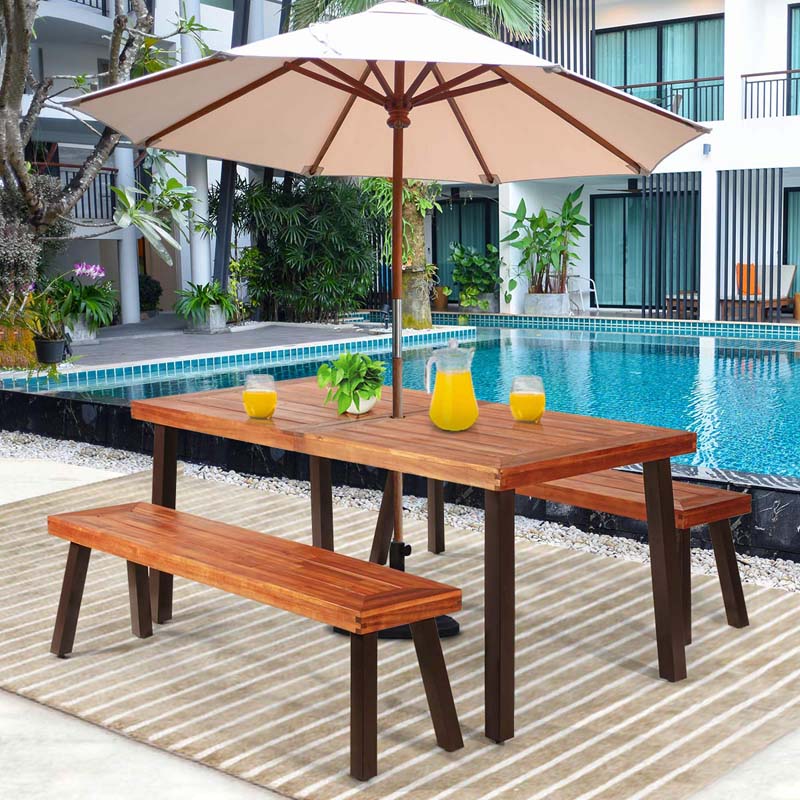 3 Pcs Rustic Acacia Wood Patio Dining Table Set With 2 Benches Outdoor Picnic Table Bench Set With Umbrella Hole - High Quality Set For Everyday Use