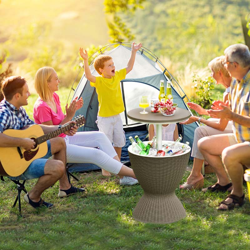 3 In 1 Rattan Outdoor Patio Bar Side Table With Ice Bucket 8 Gallon Ice Cooler Wine Cocktail Table For Deck Pool Party