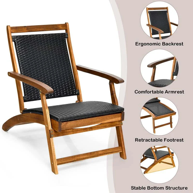 2 Pcs Acacia Wood Folding Chaise Lounge Chair Outdoor Foldable Deck Chair Portable Wicker Lounger With Retractable Footrest - Comfortable And Ergonomic Design