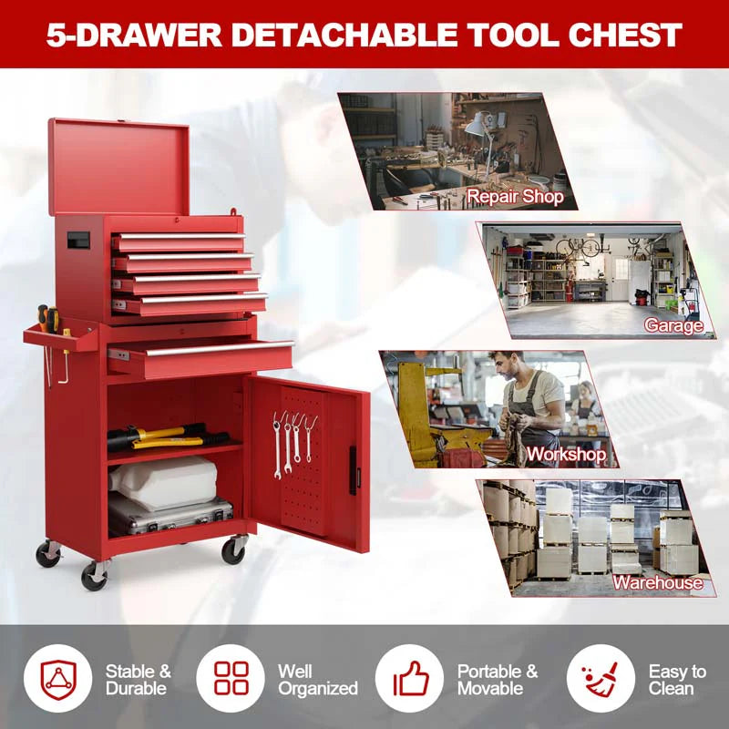 2 In 1 Rolling Tool Chest 5 Drawer Tool Storage Cabinet With Wheels Adjustable Shelf Tool Box Organizer For Garage Warehouse Workshop - Durable Tools For Home Projects