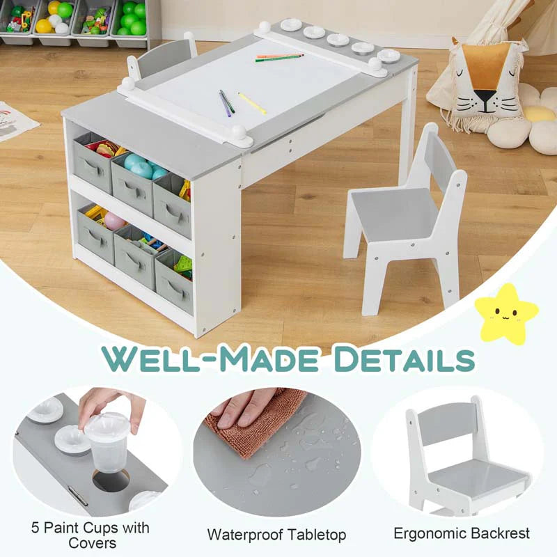 3 In 1 Wood Kids Art Table Amp Easel Set With 2 Chairs 6 Storage Bins Paper Roller Paint Cups Toddler Crafts Activity Table Chair Set - High Quality Set For Everyday Use