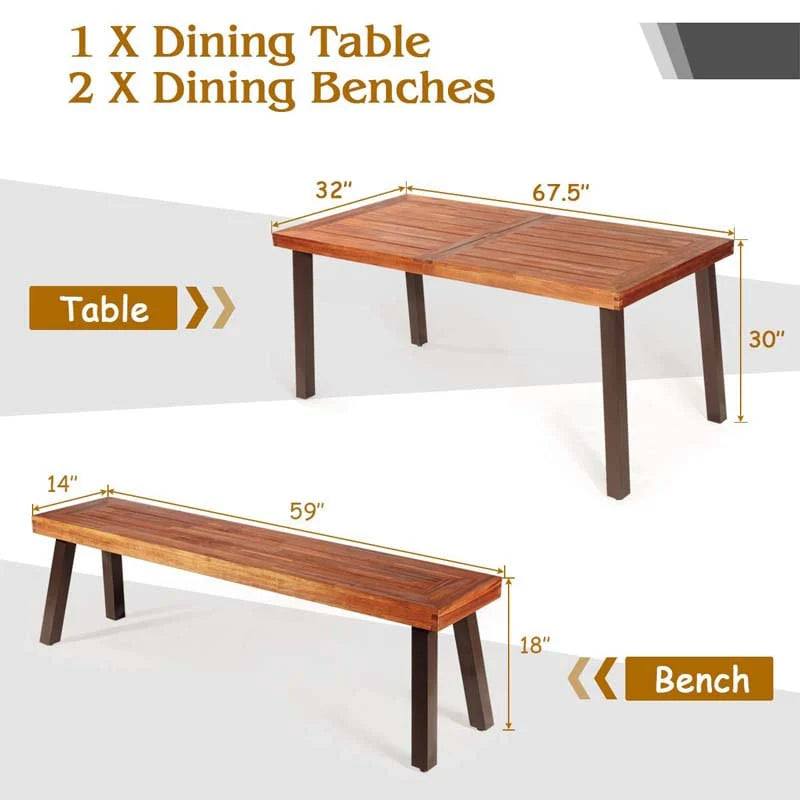 3 Pcs Rustic Acacia Wood Patio Dining Table Set With 2 Benches Outdoor Picnic Table Bench Set With Umbrella Hole - High Quality Set For Everyday Use