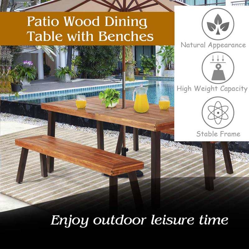3 Pcs Rustic Acacia Wood Patio Dining Table Set With 2 Benches Outdoor Picnic Table Bench Set With Umbrella Hole - High Quality Set For Everyday Use