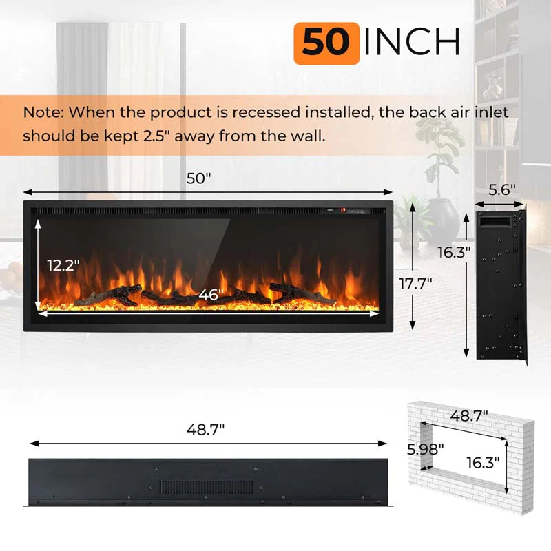 360390394203903950Quot Wide Electric Fireplace Recessedwall Mountedfreestanding 750W1500W Linear Fireplace Heater Insert With 9 Flame Color