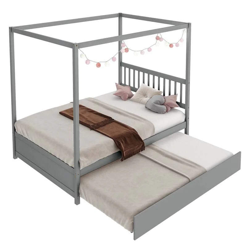 Full Size Canopy Bed With Trundle Solid Wood Platform Bed Frame With Headboard Full Bed For Kids Teens Adults