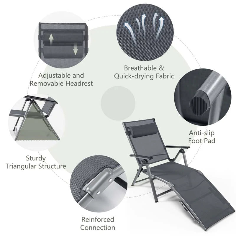 Folding Aluminum Chaise Lounge Chair With Quick Drying Fabric 8 Position Outdoor Lounge Recliner - Comfortable And Ergonomic Design