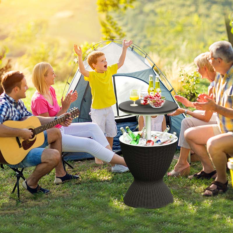 3 In 1 Rattan Outdoor Patio Bar Side Table With Ice Bucket 8 Gallon Ice Cooler Wine Cocktail Table For Deck Pool Party