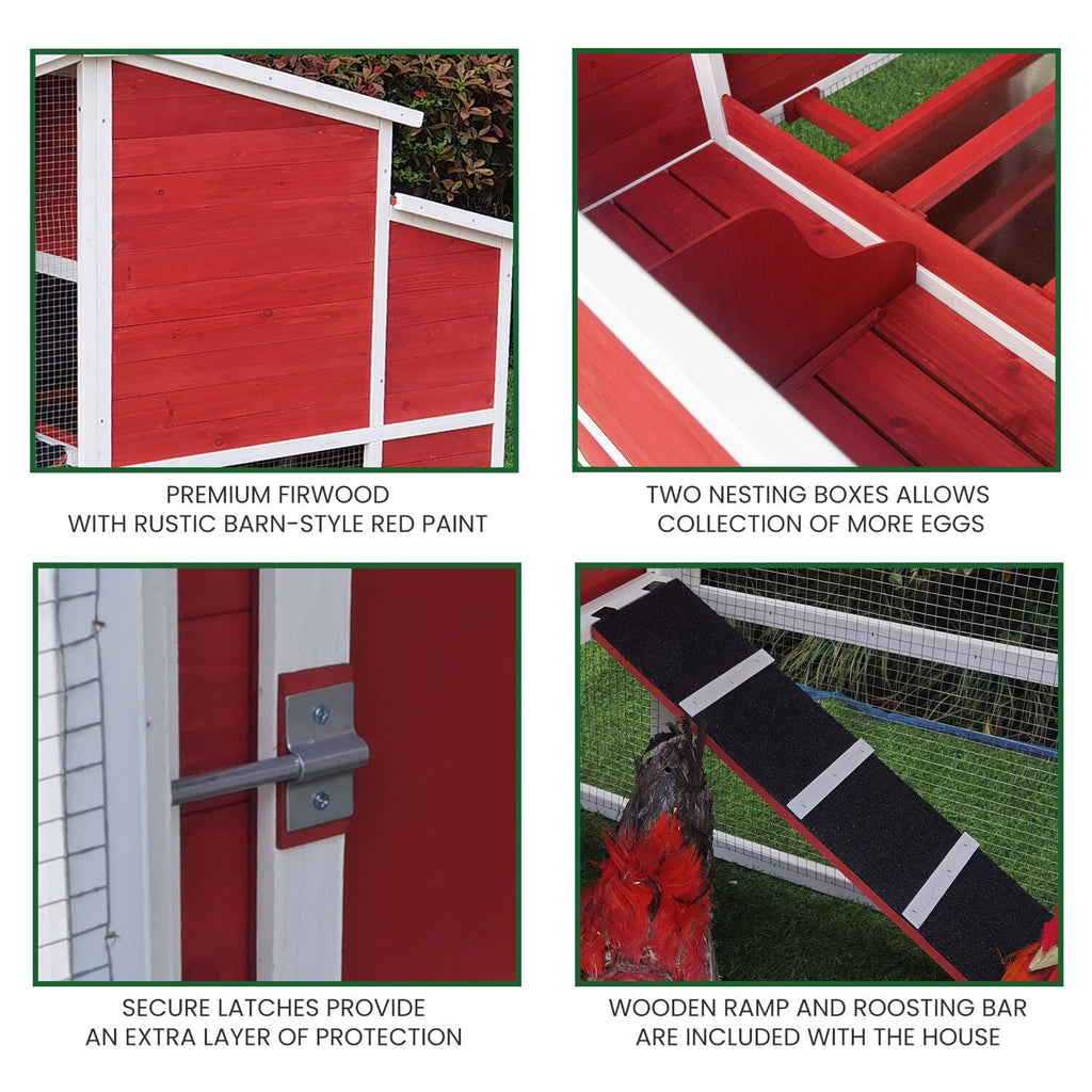 Hanover Outdoor Elevated Wooden Chicken Coop with Ramp, Wire Mesh Run, Waterproof Roof, Removable Tray, and External Door- HANCC0105-RED