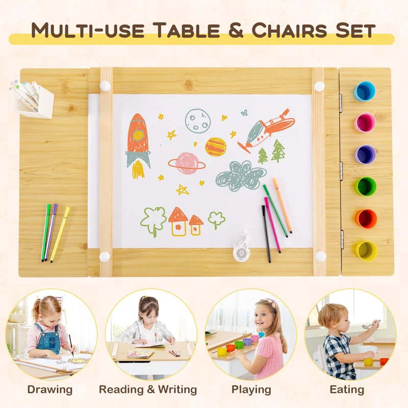 3 In 1 Wood Kids Art Table Amp Easel Set With 2 Chairs 6 Storage Bins Paper Roller Paint Cups Toddler Crafts Activity Table Chair Set - High Quality Set For Everyday Use